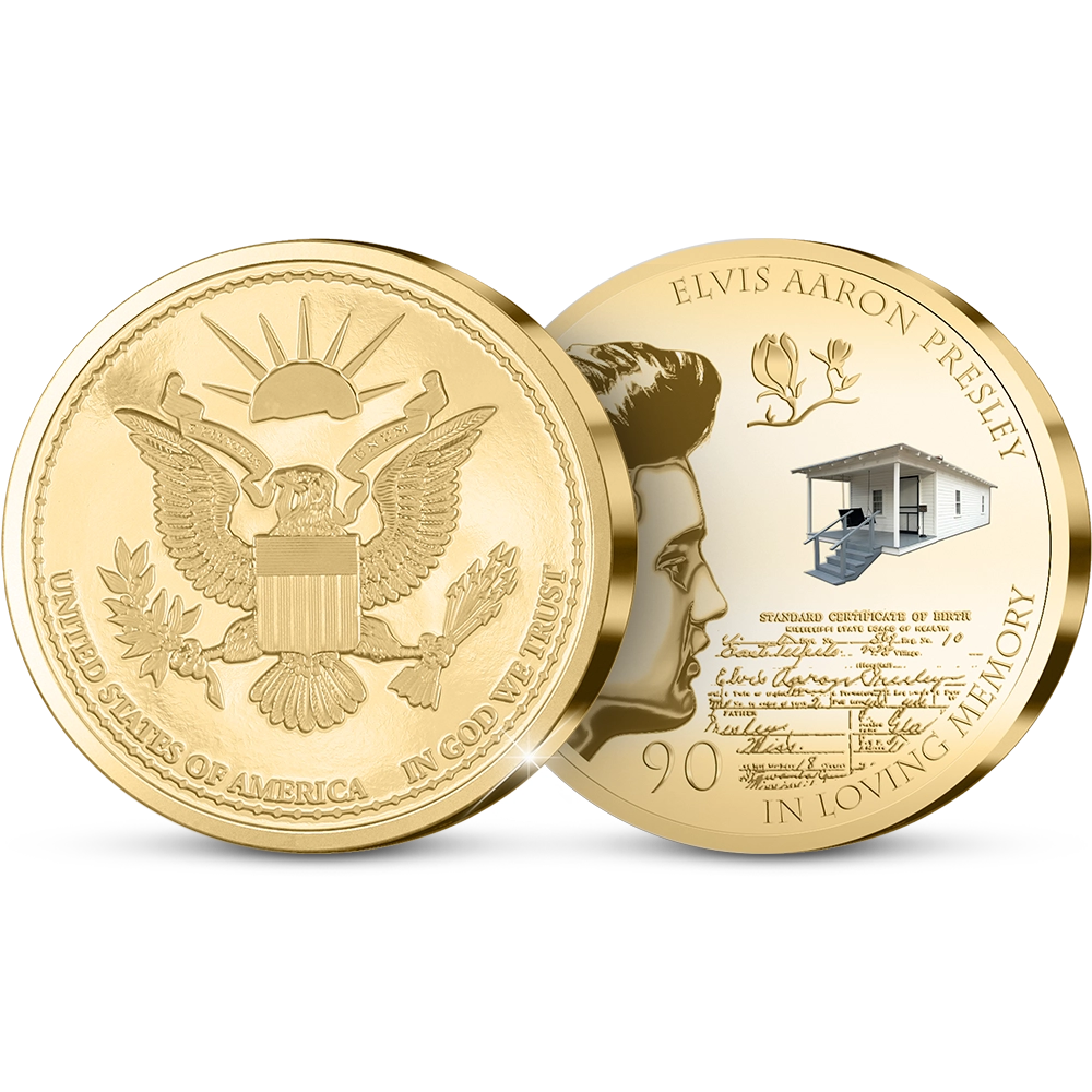 De vergulde “Elvis at 90!” Herdenkingsuitgifte van Amerika