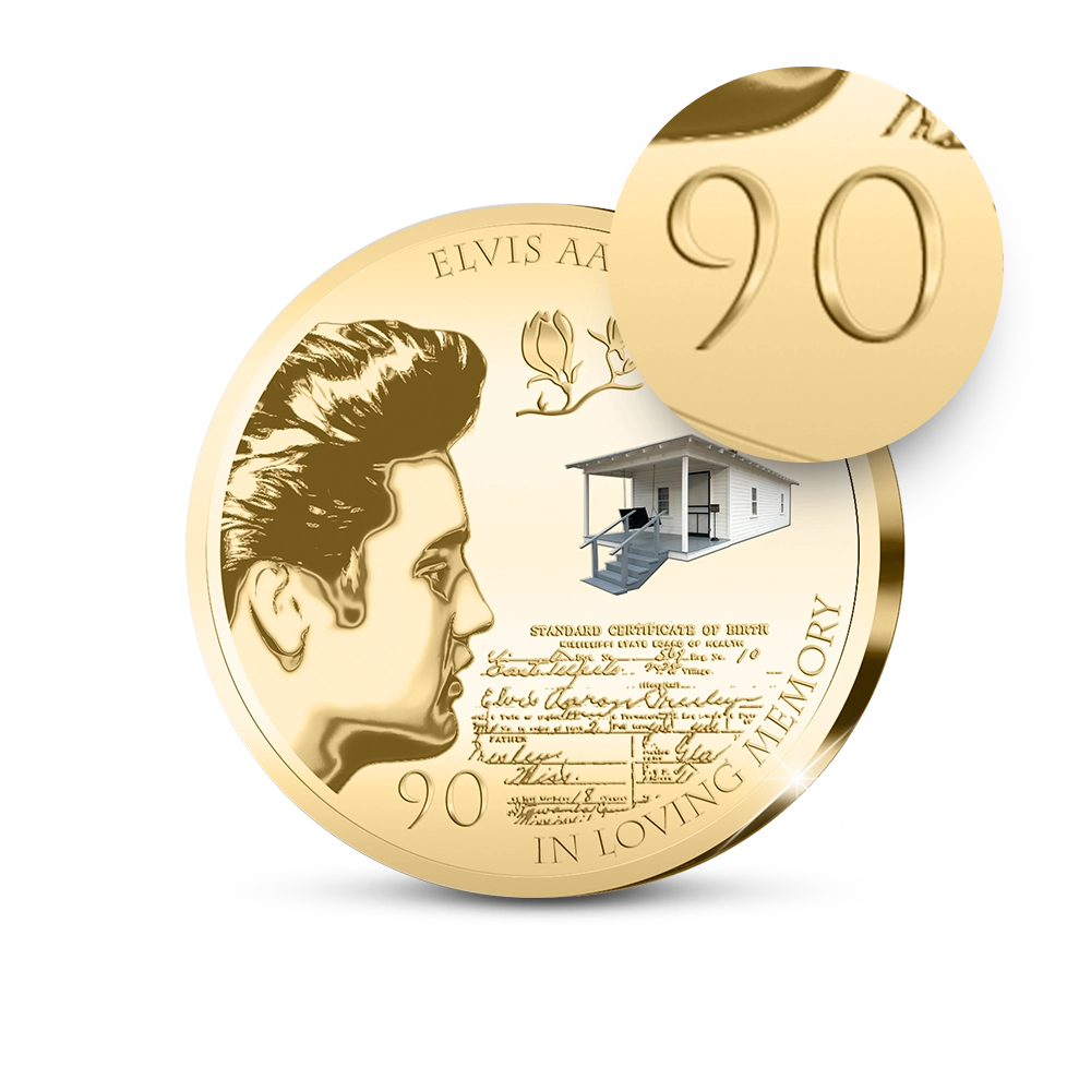 De vergulde “Elvis at 90!” Herdenkingsuitgifte van Amerika