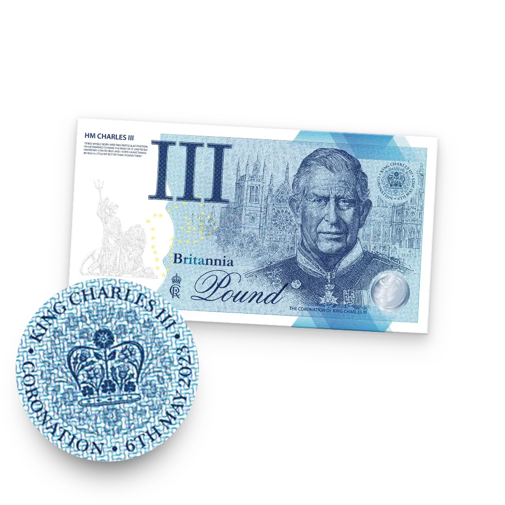 Het originele Koning Charles III ‘Britannia Pound’ Bankbiljet van Engeland