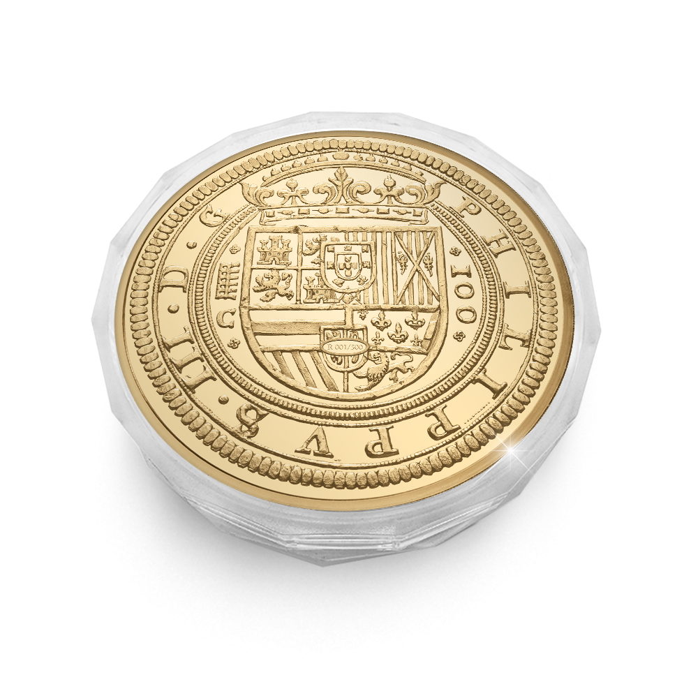 De vergulde Herslag van de momenteel duurste munt van Europa: 100 Escudos-munt van Spanje uit 1609