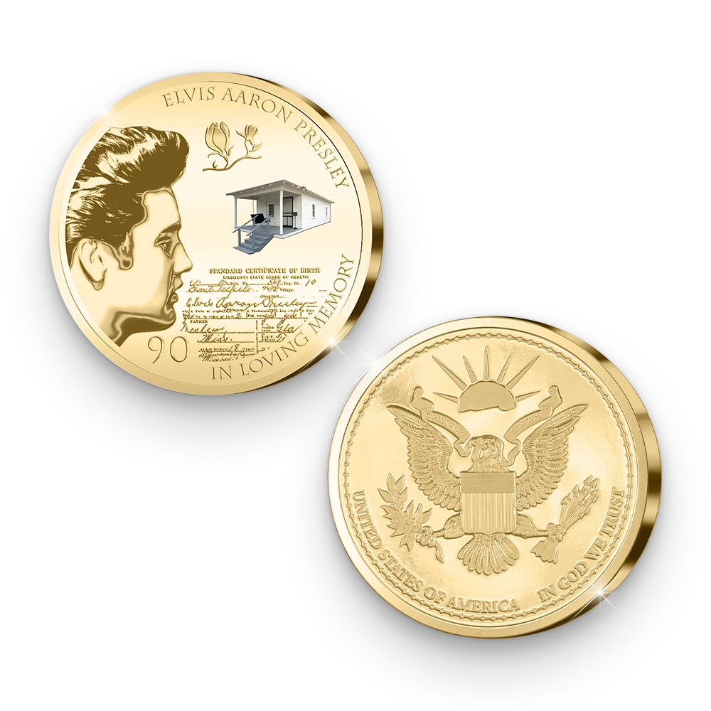 De vergulde “Elvis at 90!” Herdenkingsuitgifte van Amerika