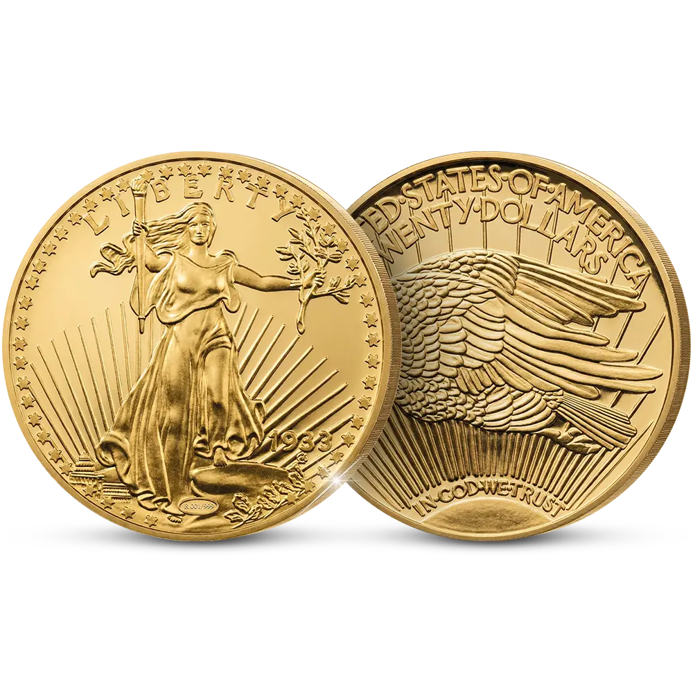 De vergulde “Giant” herslag van de momenteel duurste munt ter wereld: “The USA 20 Gold-Dollar Double Eagle 1933 Coin”
