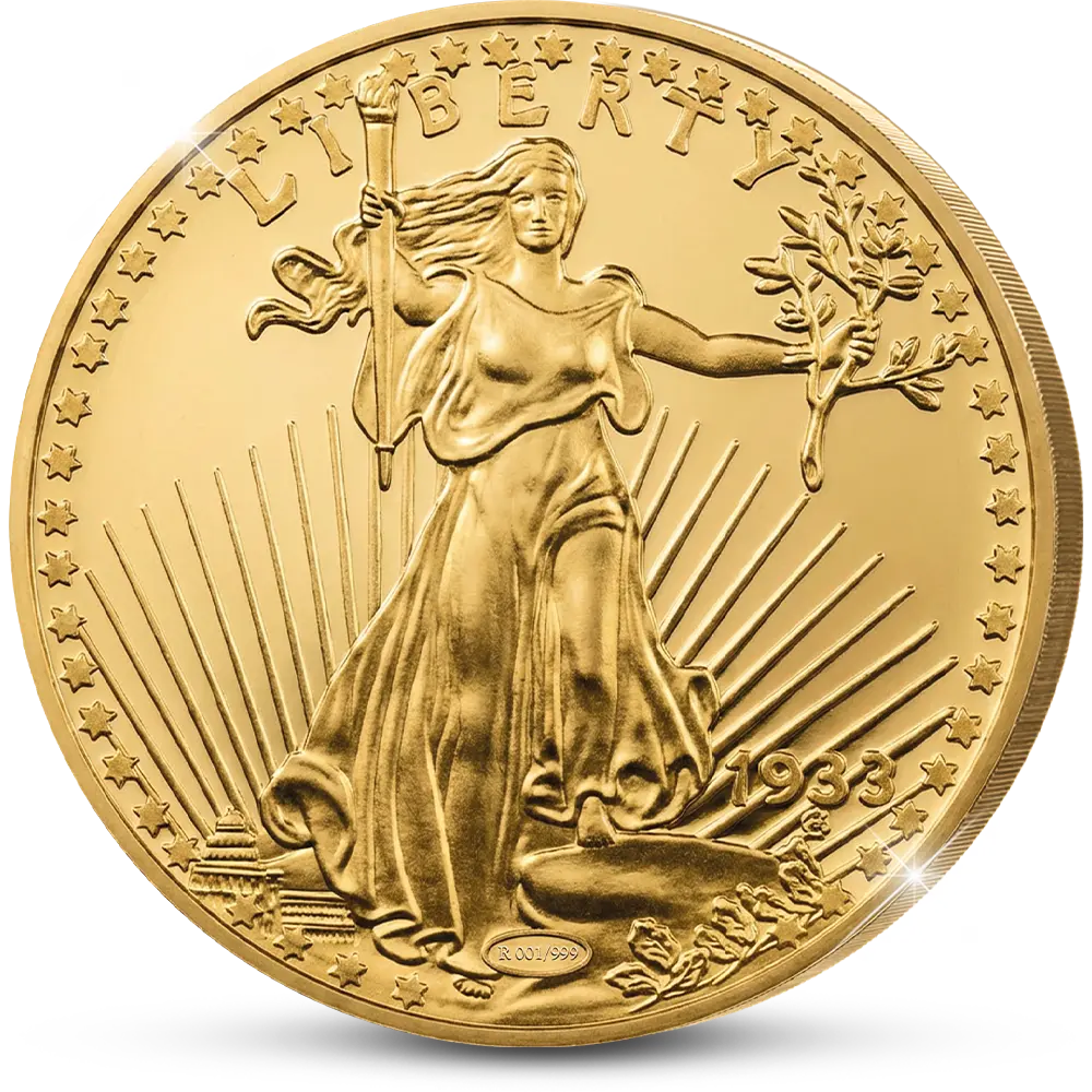 De vergulde “Giant” herslag van de momenteel duurste munt ter wereld: “The USA 20 Gold-Dollar Double Eagle 1933 Coin”