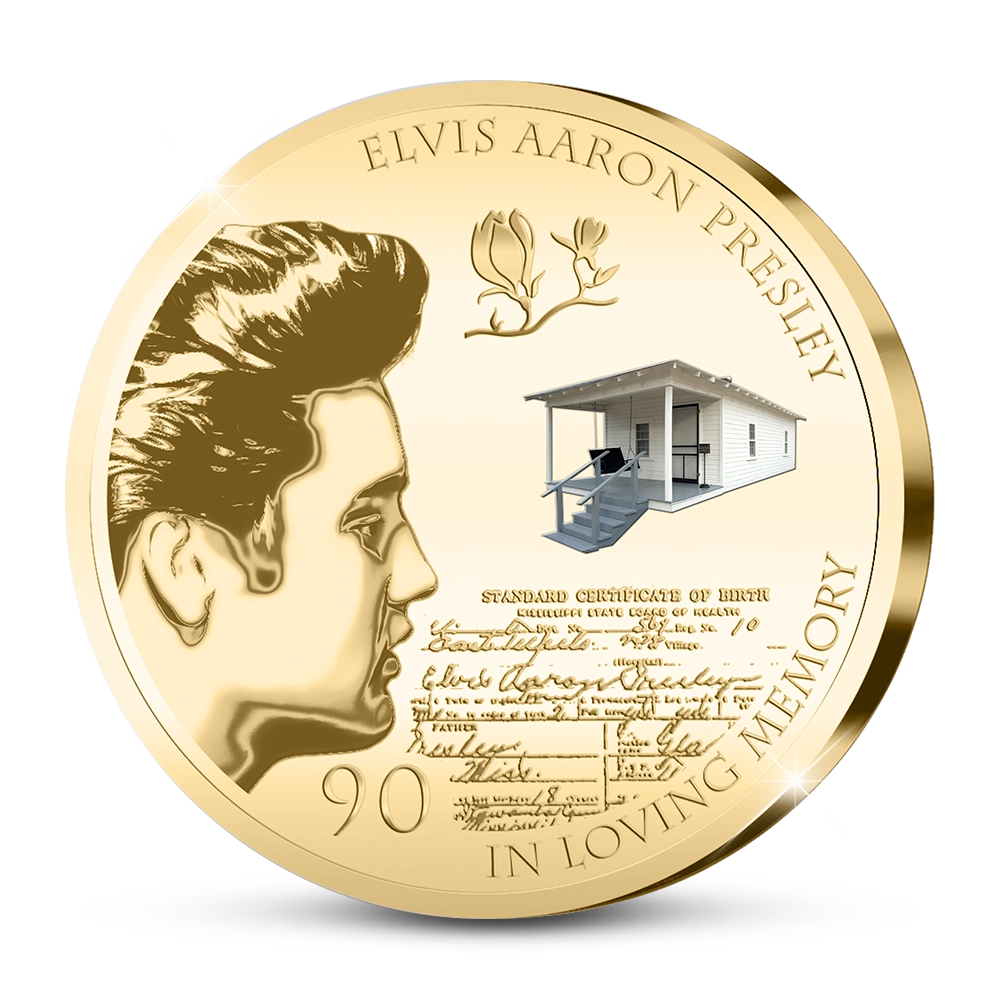 De vergulde “Elvis at 90!” Herdenkingsuitgifte van Amerika