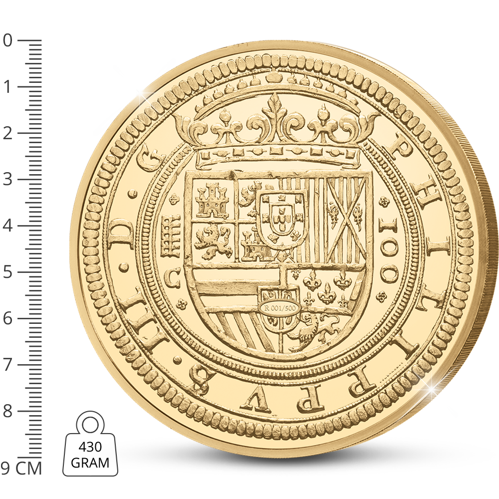 De vergulde Herslag van de momenteel duurste munt van Europa: 100 Escudos-munt van Spanje uit 1609
