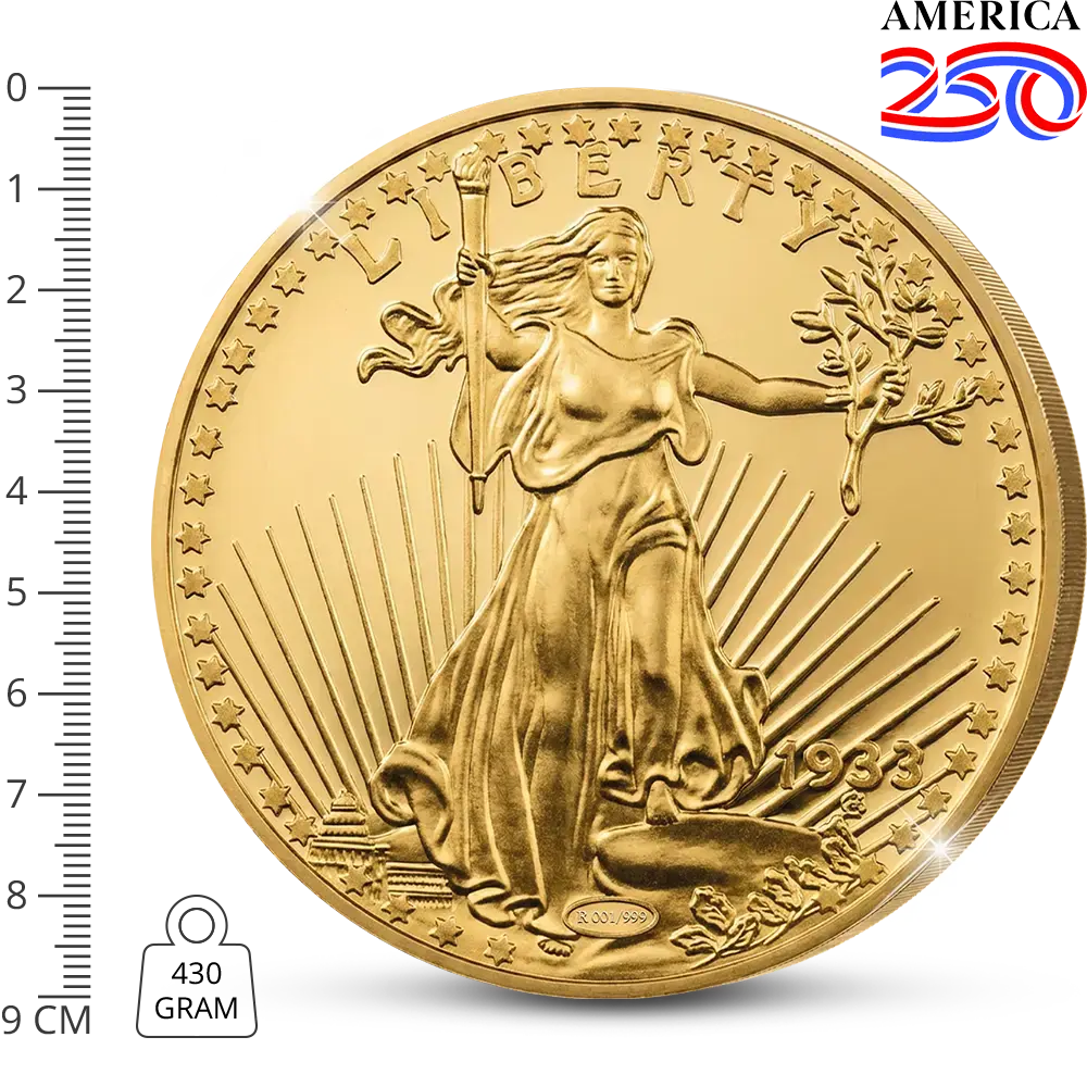 De vergulde “Giant” herslag van de momenteel duurste munt ter wereld: “The USA 20 Gold-Dollar Double Eagle 1933 Coin”