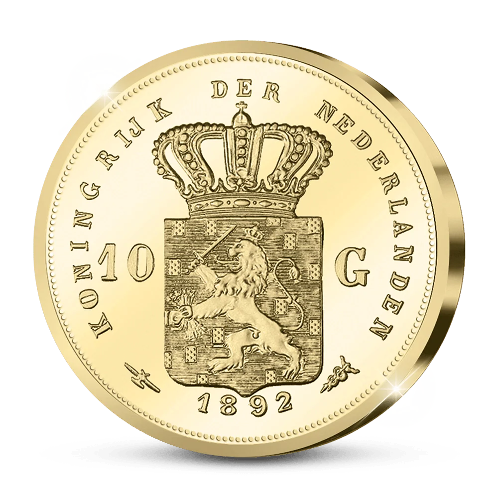 De Originele Herslag van het Eerste Gouden Tientje van Wilhelmina "Wilhelmina met Hangend haar" De Gouden 10 Gulden uit 1892 - Edel Collecties