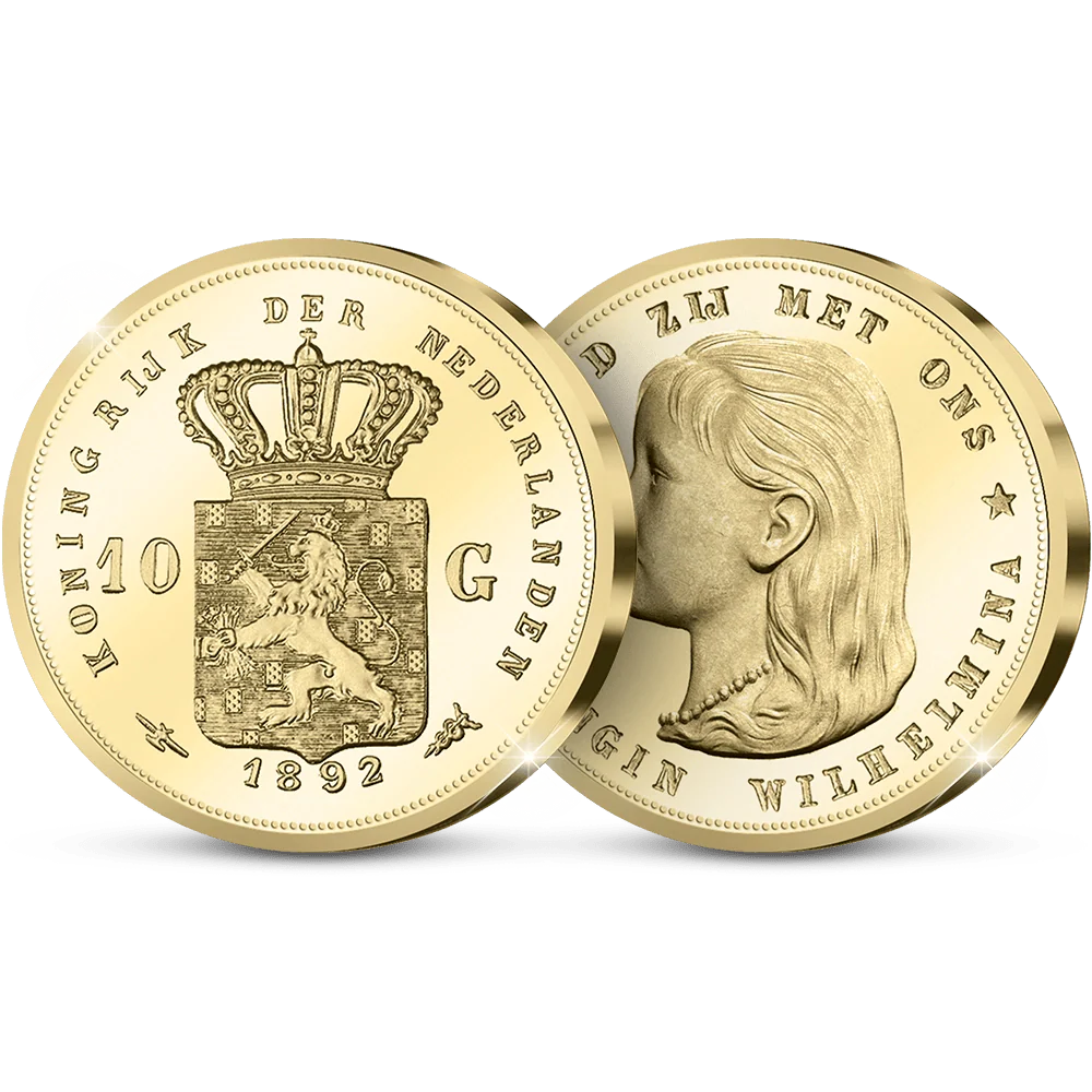 De Originele Herslag van het Eerste Gouden Tientje van Wilhelmina "Wilhelmina met Hangend haar" De Gouden 10 Gulden uit 1892 - Edel Collecties
