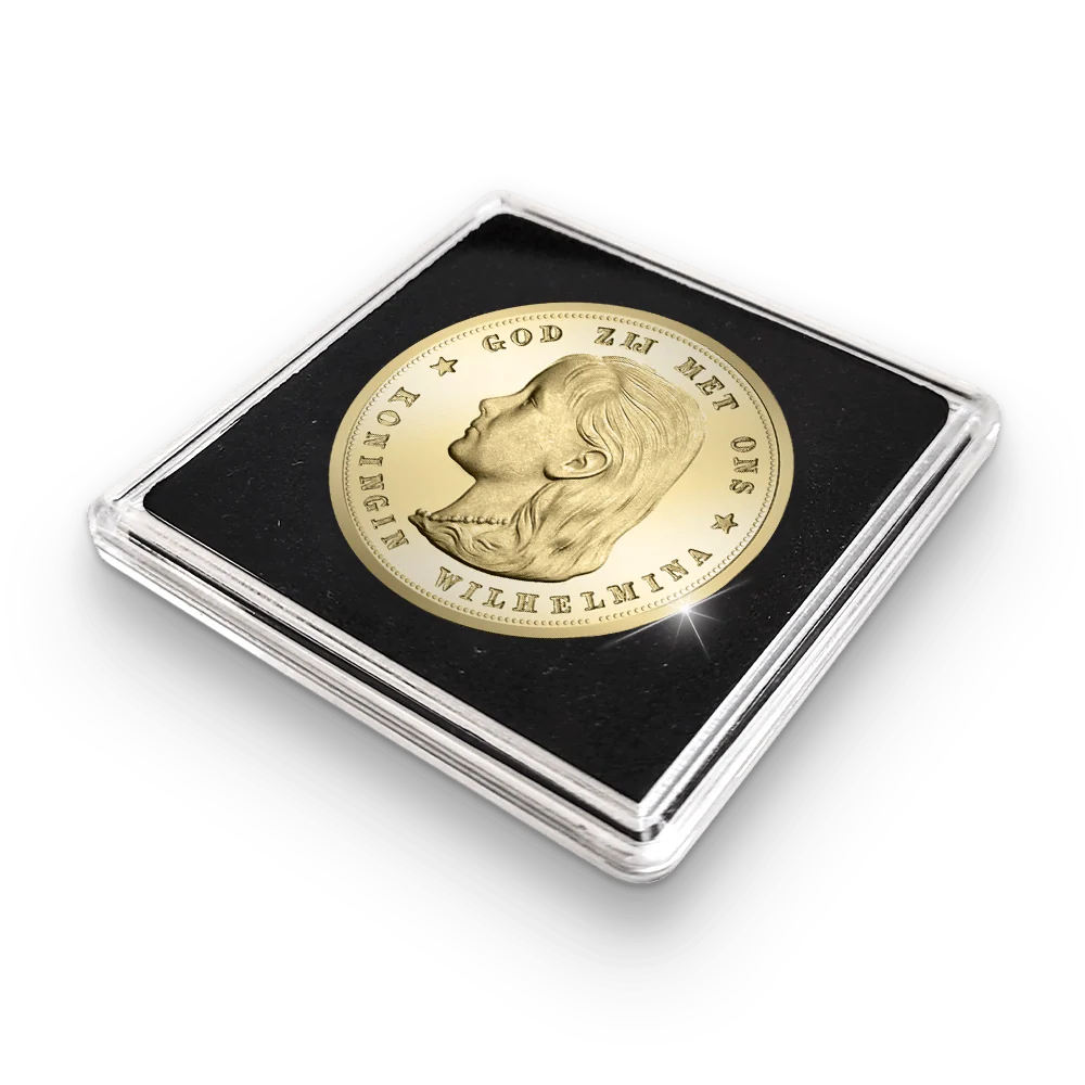 De Originele Herslag van het Eerste Gouden Tientje van Wilhelmina "Wilhelmina met Hangend haar" De Gouden 10 Gulden uit 1892 - Edel Collecties